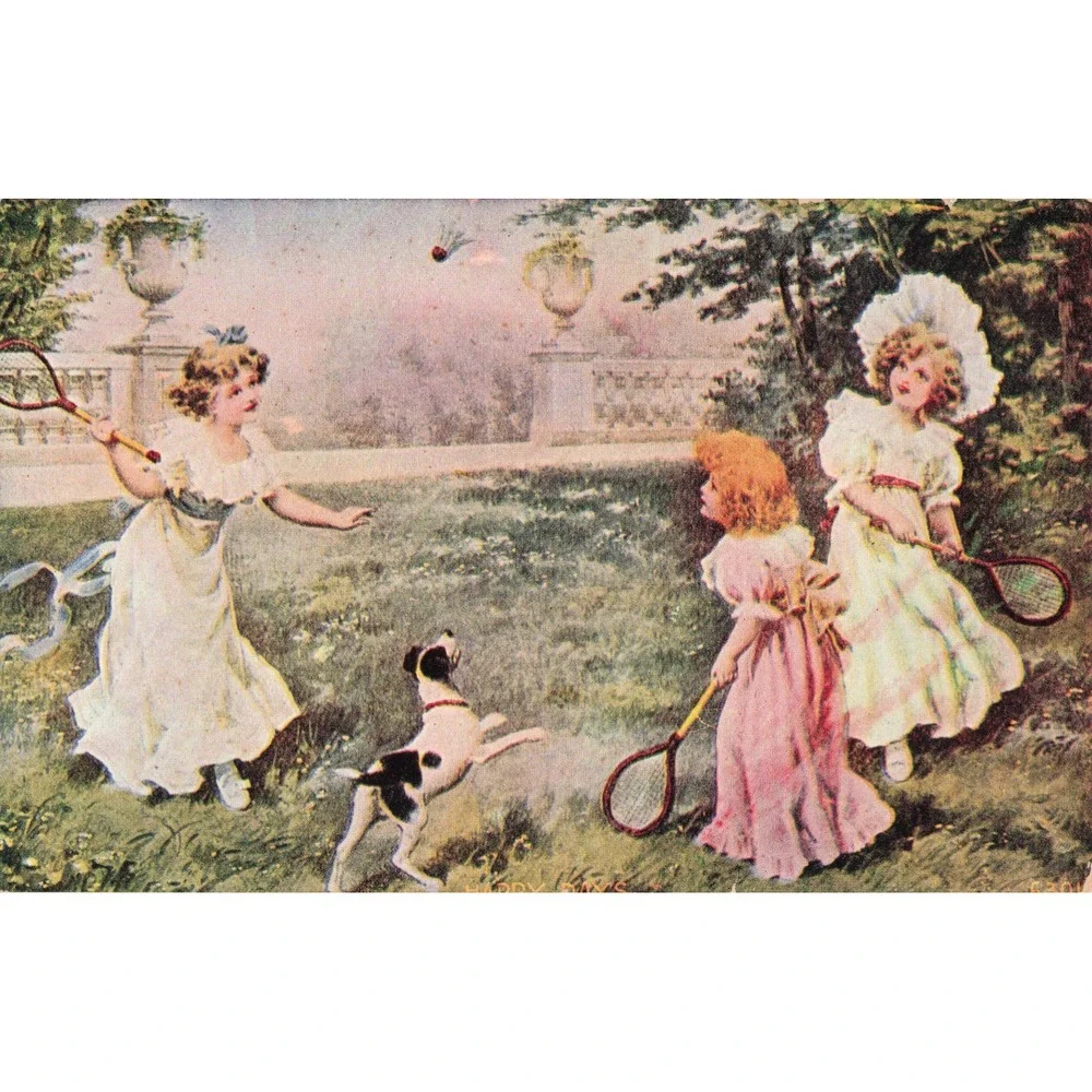 Vintage Postcard Children Playing Badminton with Dog Garden Scene Divided Back